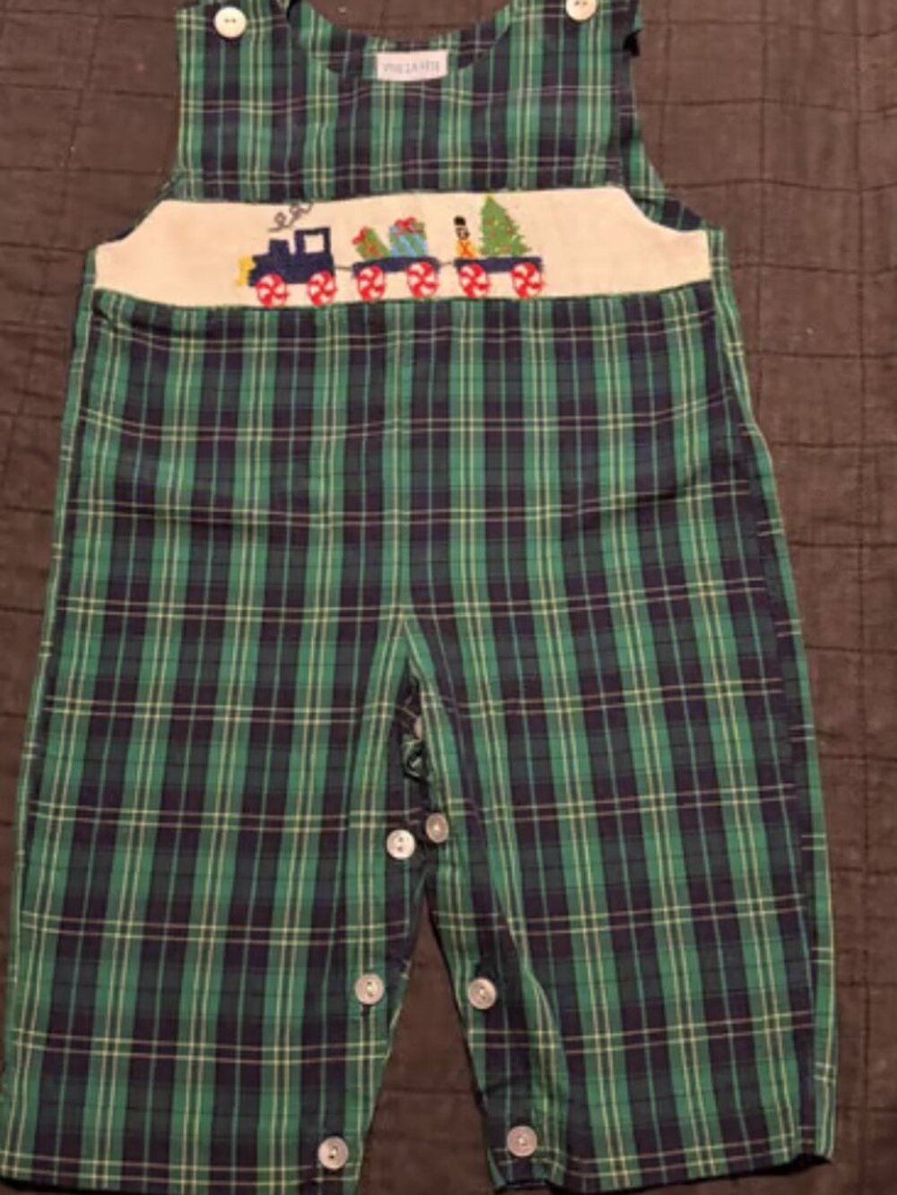 Toddler Plaid Christmas Jon Jon Romper 12M Smocked Train Outfit